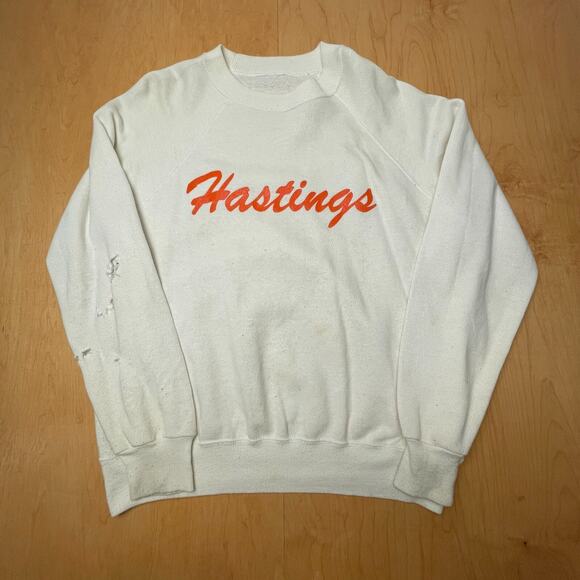 Vintage 50s/60s Hastings College White L/XL Thrashed Long Sleeve Sweatshirt